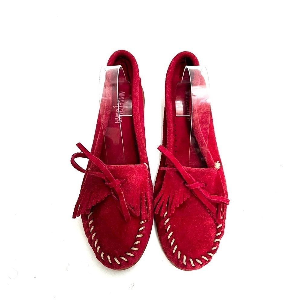 Vintage Y2K red suede kiltie fringe hand stitched moccasins